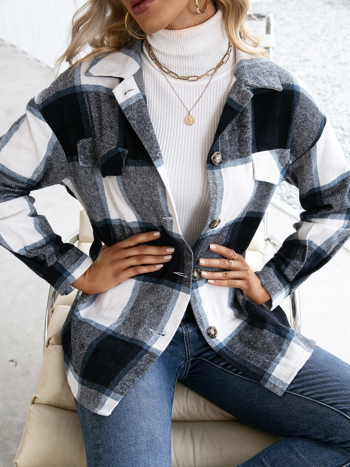 Women Ivy Lane Plaid Button Up Long Sleeve Shacket nicholesgifts