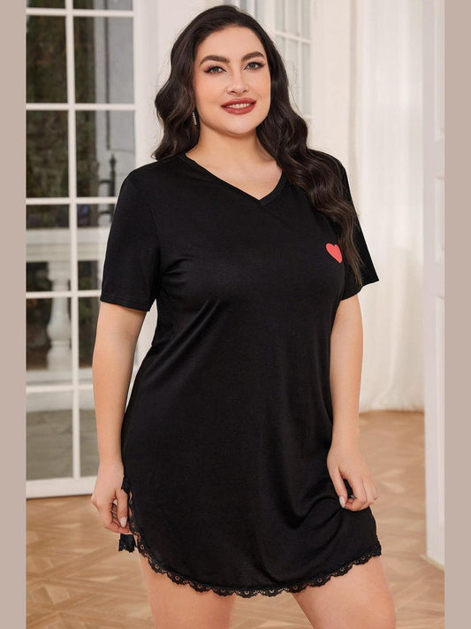 Plus Size Lace Trim V-Neck Short Sleeve Night Dress nicholesgifts