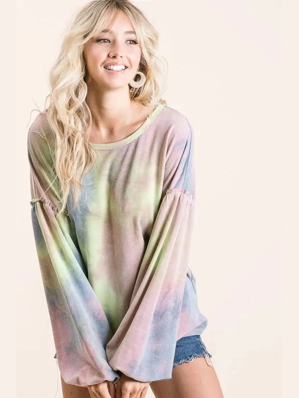 BiBi Tie Dye French Terry Sweatshirt With Bubble Sleeves Trendsi