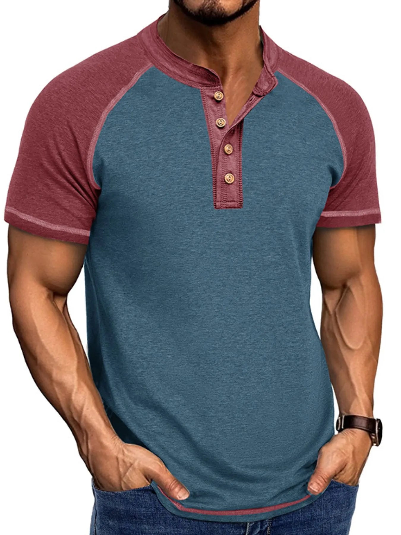 Men's Raglan Henley Color Block T-Shirt Trendsi