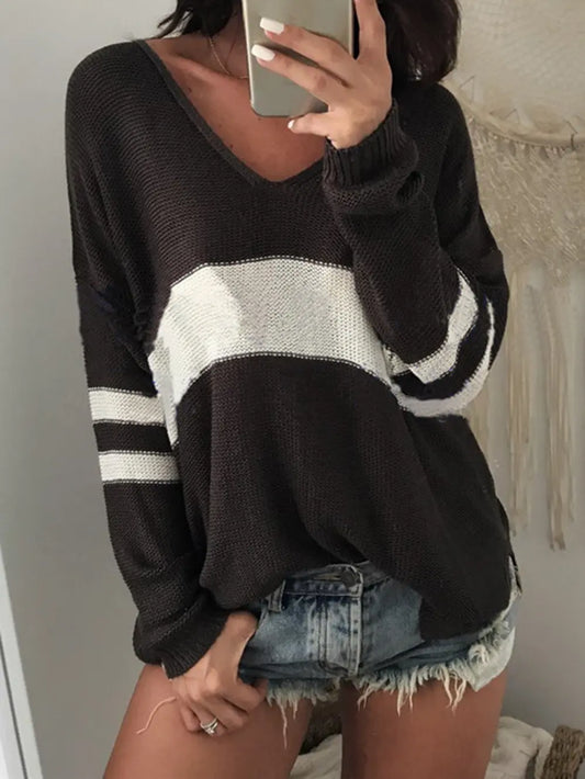 Striped V-Neck Long Sleeve Sweater Trendsi