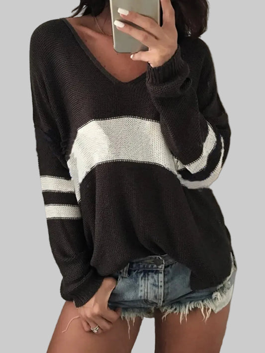 Women Striped V-Neck Long Sleeve Sweater nicholesgifts