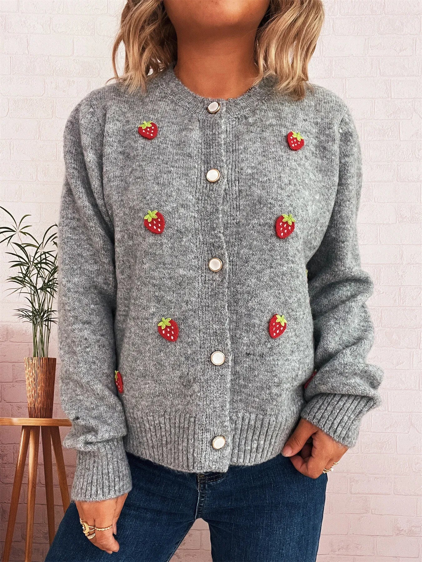 Strawberry Button Up Long Sleeve Cardigan Trendsi
