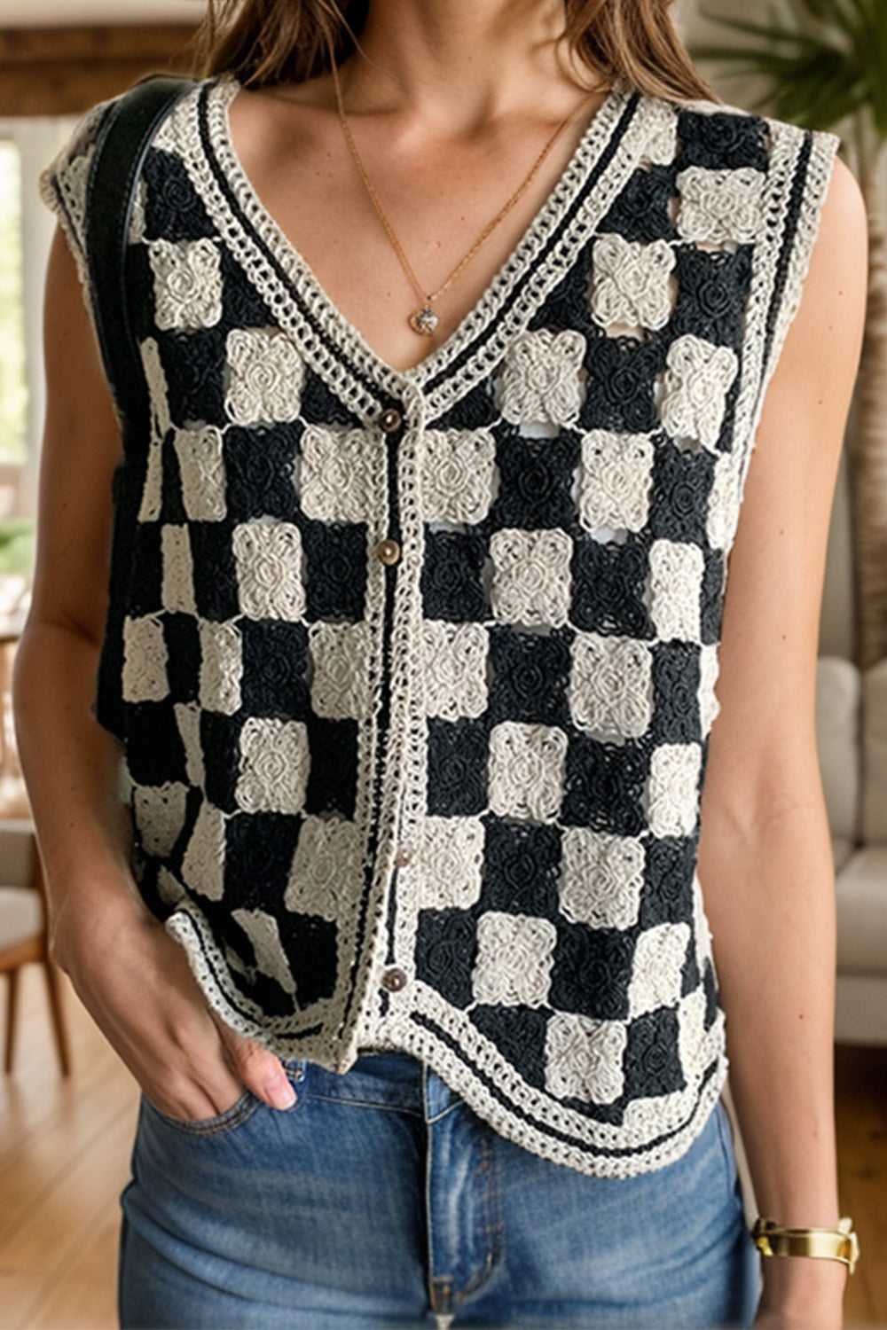 NicholesGifts Women Crochet Checkered V-Neck Button Up Vest NicholesGifts