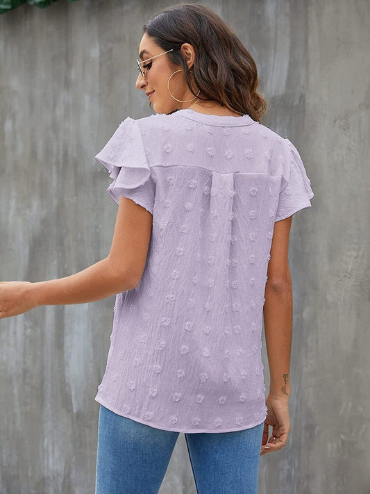 Swiss Dot Notched Flutter Sleeve Blouse nicholesgifts