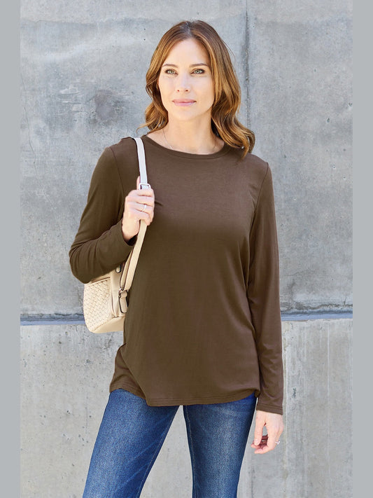 Basic Bae Full Size long sleeve top in brown polyester with a round neck and slightly stretchy fabric.