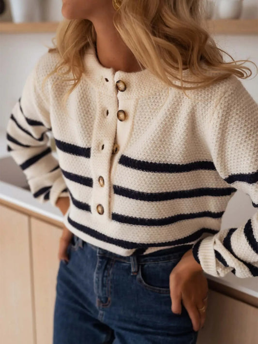 Striped Button-Front Sweater Trendsi