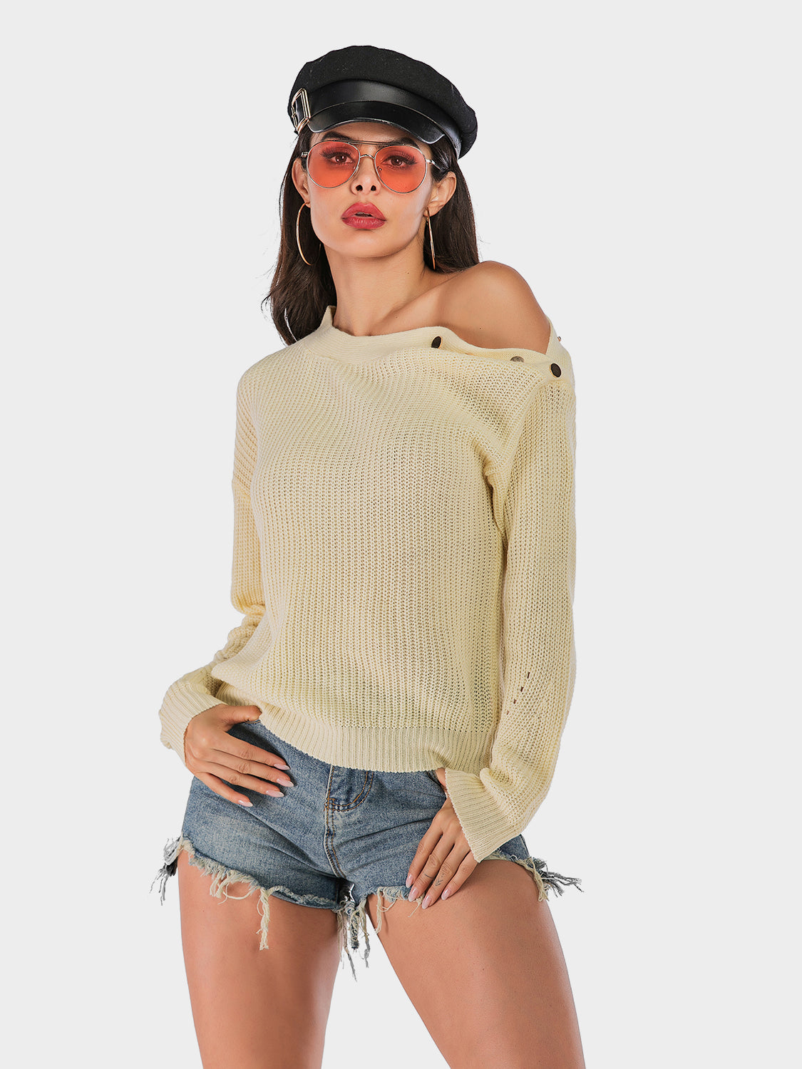NicholesGifts Women Perfee One Shoulder Long Sleeve Sweater NicholesGifts
