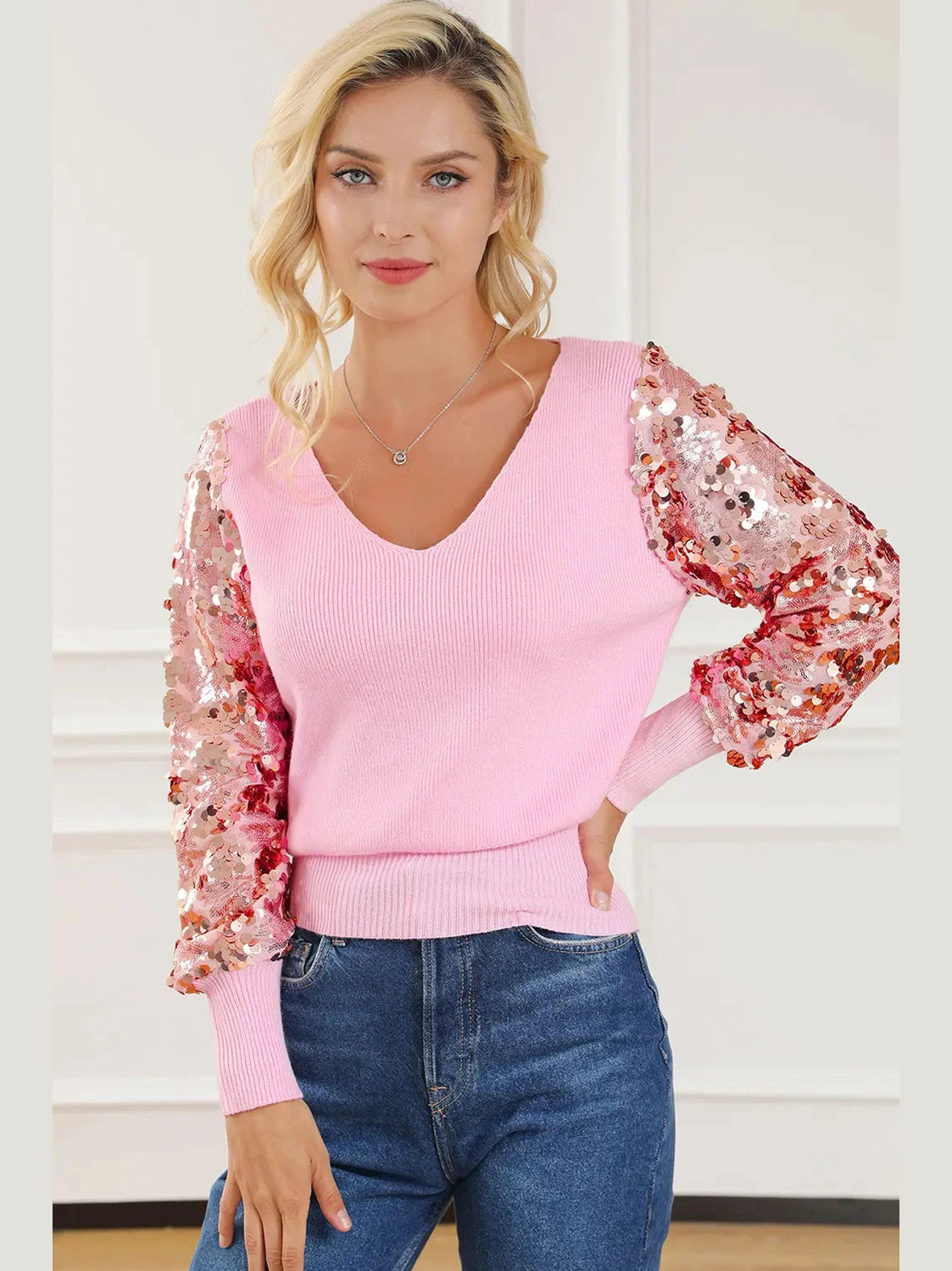 Sequin Long Sleeve V-Neck Sweater Trendsi