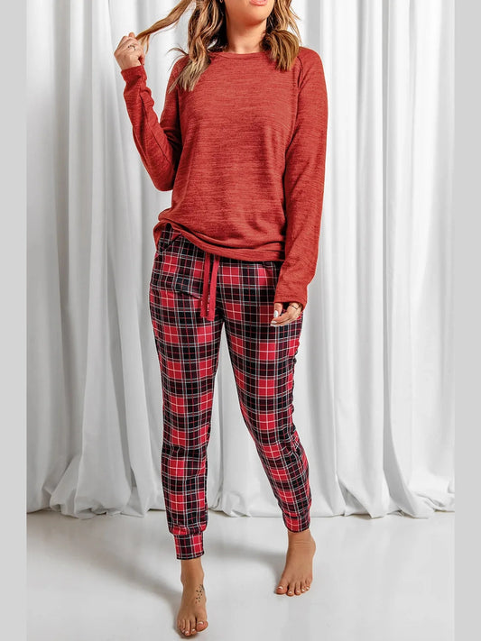 Round Neck Top and Drawstring Plaid Pants Lounge Set nicholesgifts