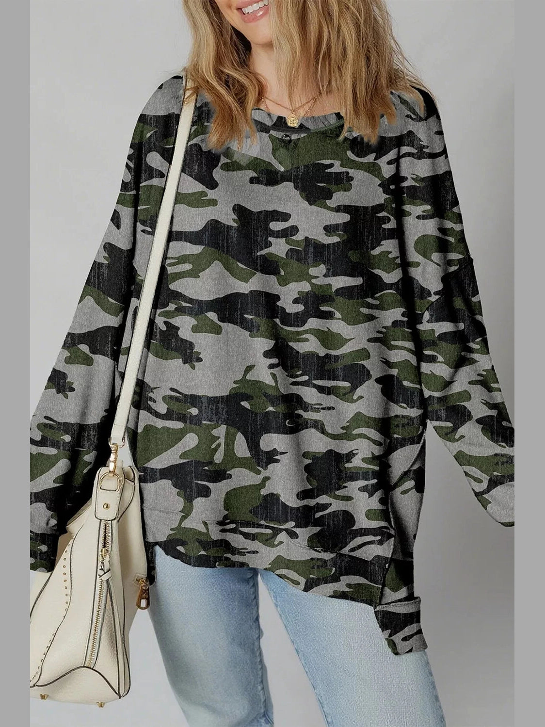 Camouflage Long Sleeve Sweatshirt with Relaxed Fit nicholesgifts