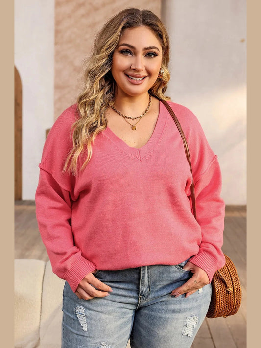 Plus Size V-Neck Dropped Shoulder Sweater Trendsi