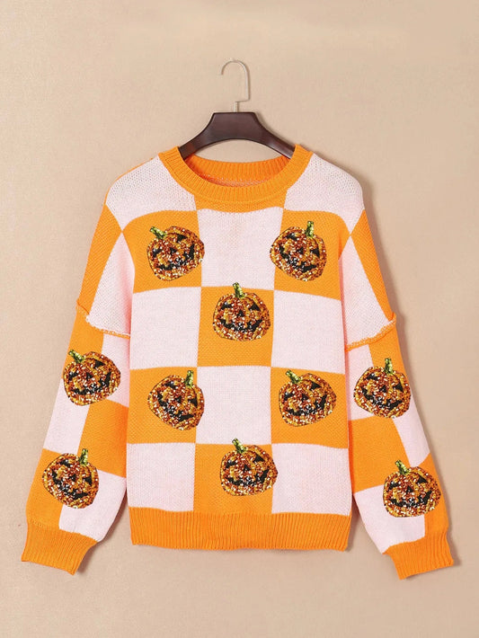 Women Halloween Spirit Pumpkin Checkered Round Neck Long Sleeve Sweater nicholesgifts