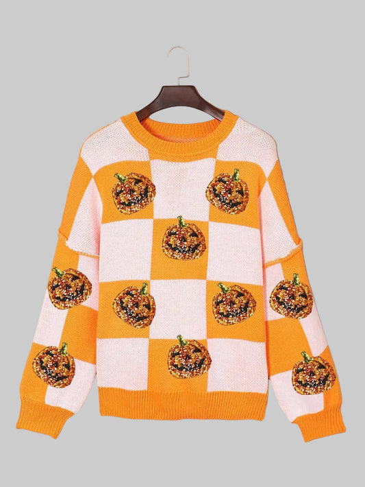 Women Halloween Spirit Pumpkin Checkered Round Neck Long Sleeve Sweater nicholesgifts