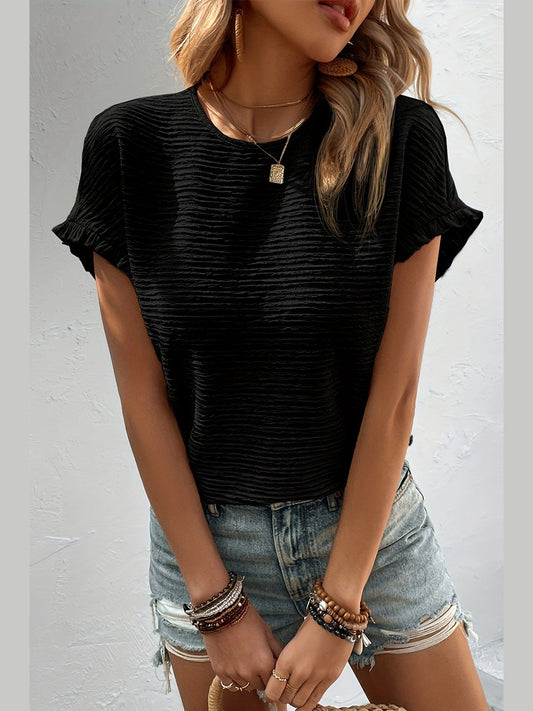 Women Frill Round Neck Cap Sleeve Blouse