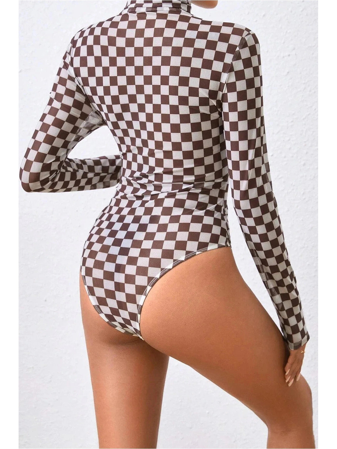 Women Checkered Turtleneck Long Sleeve Bodysuit NicholesGifts