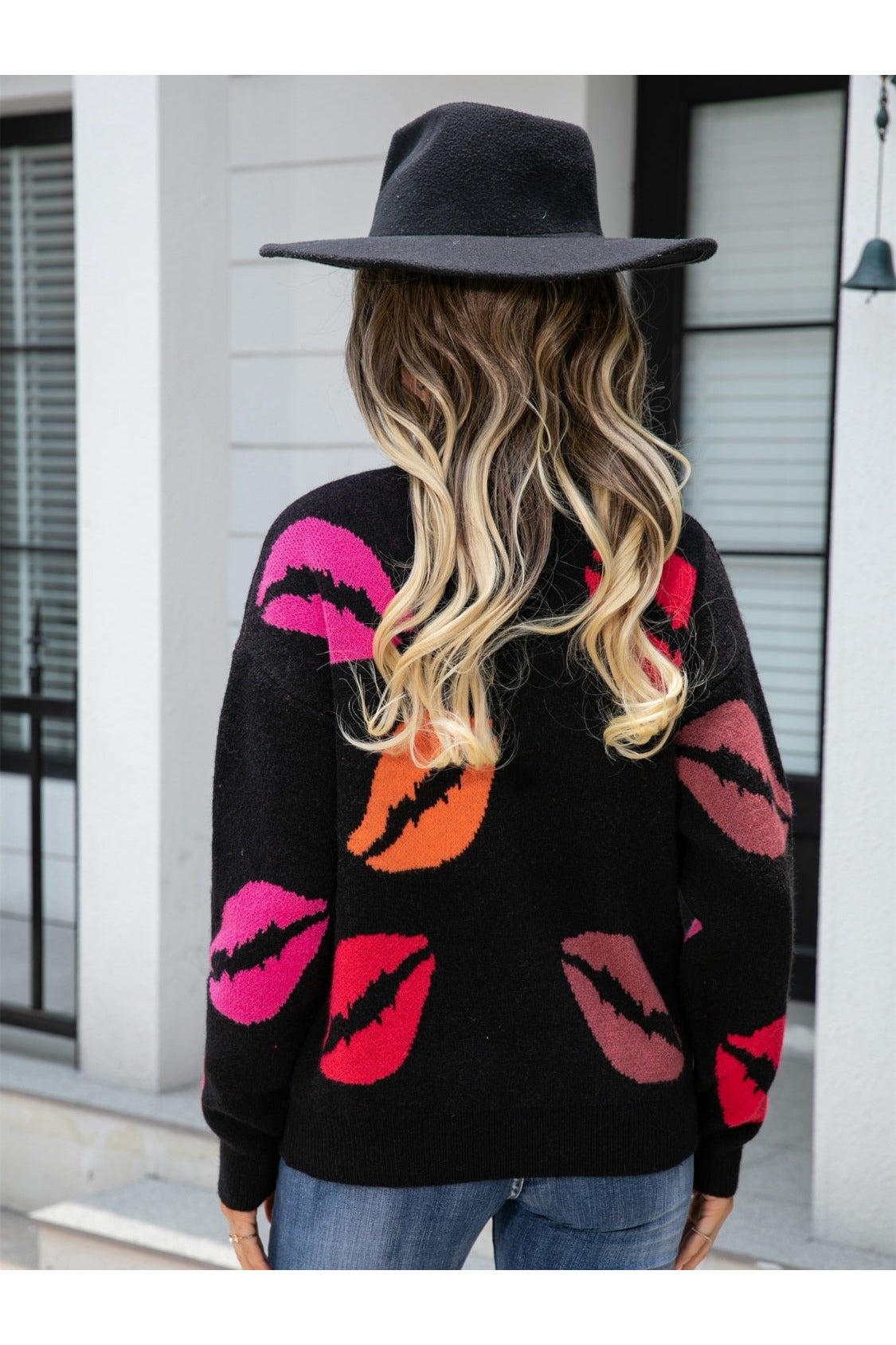 Women Angel Wings Lip V-Neck Drop Shoulder Sweater