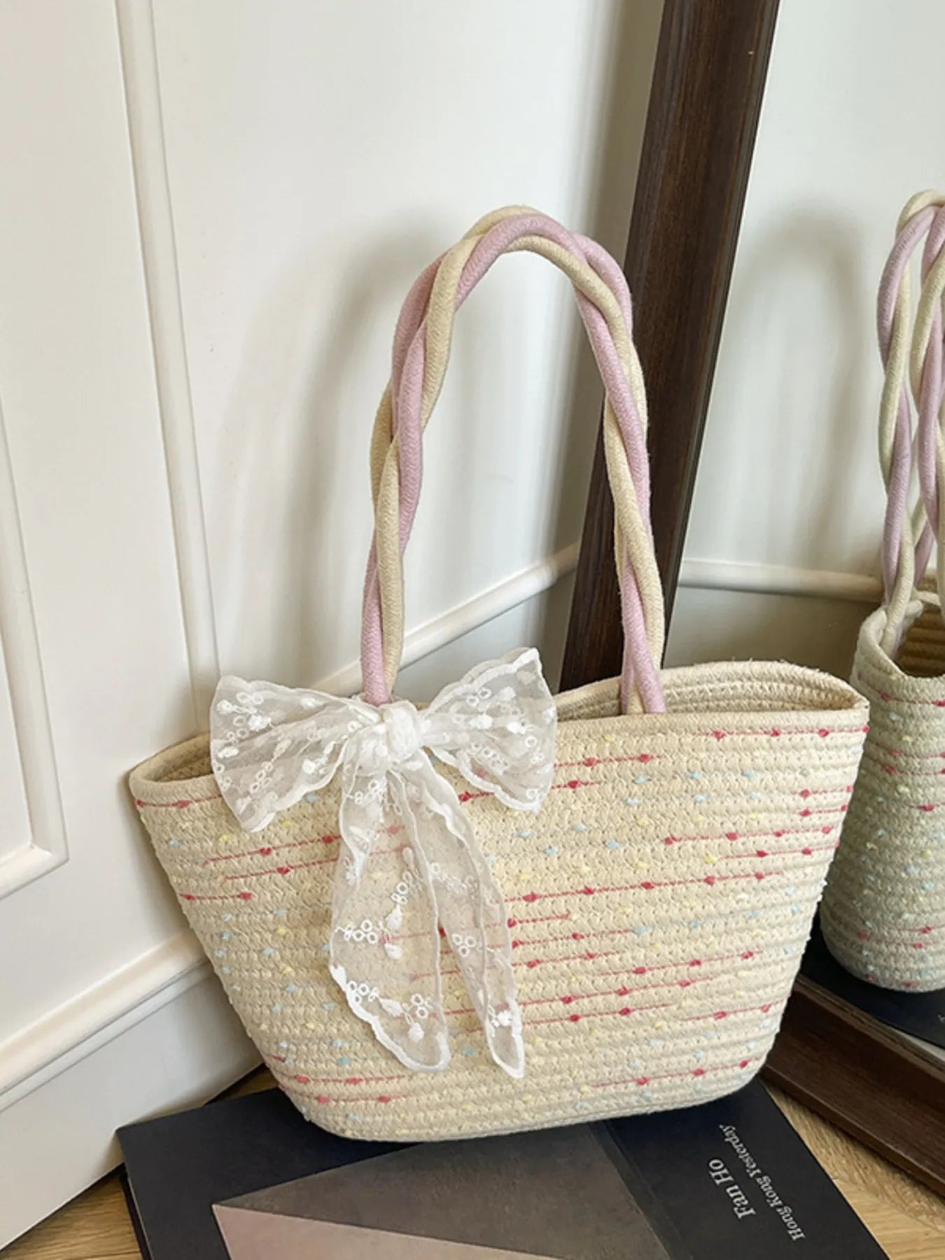 Woven Straw Shoulder Bag with Lace Bow Detail Trendsi