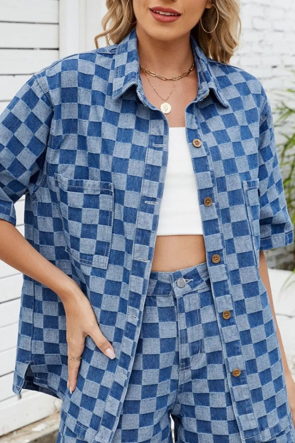 Button Down Checkered Denim Shirt Trendsi