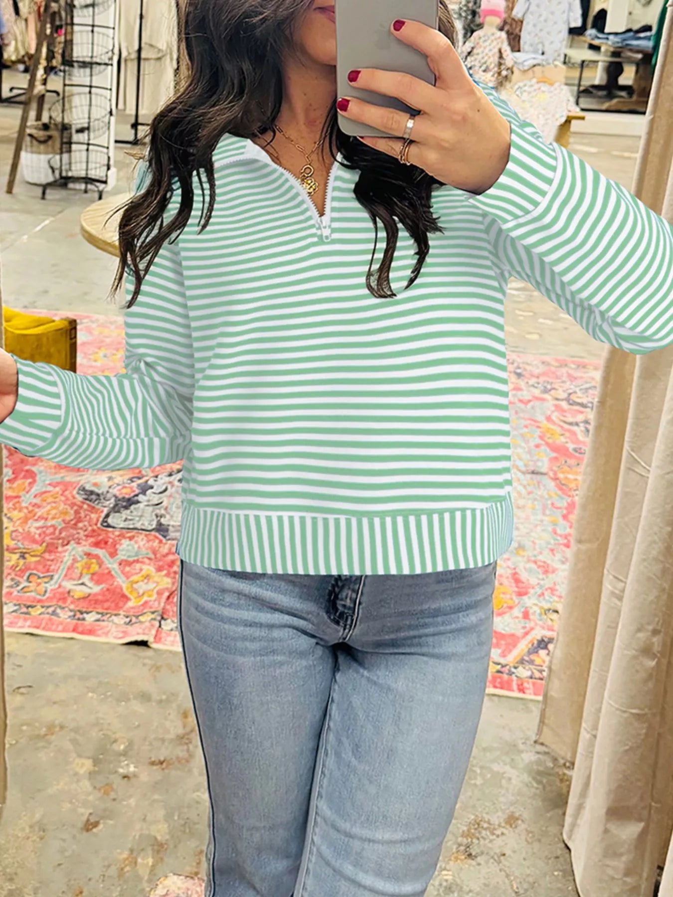 Stripe Quarter Zip Collar Long Sleeve Top Trendsi
