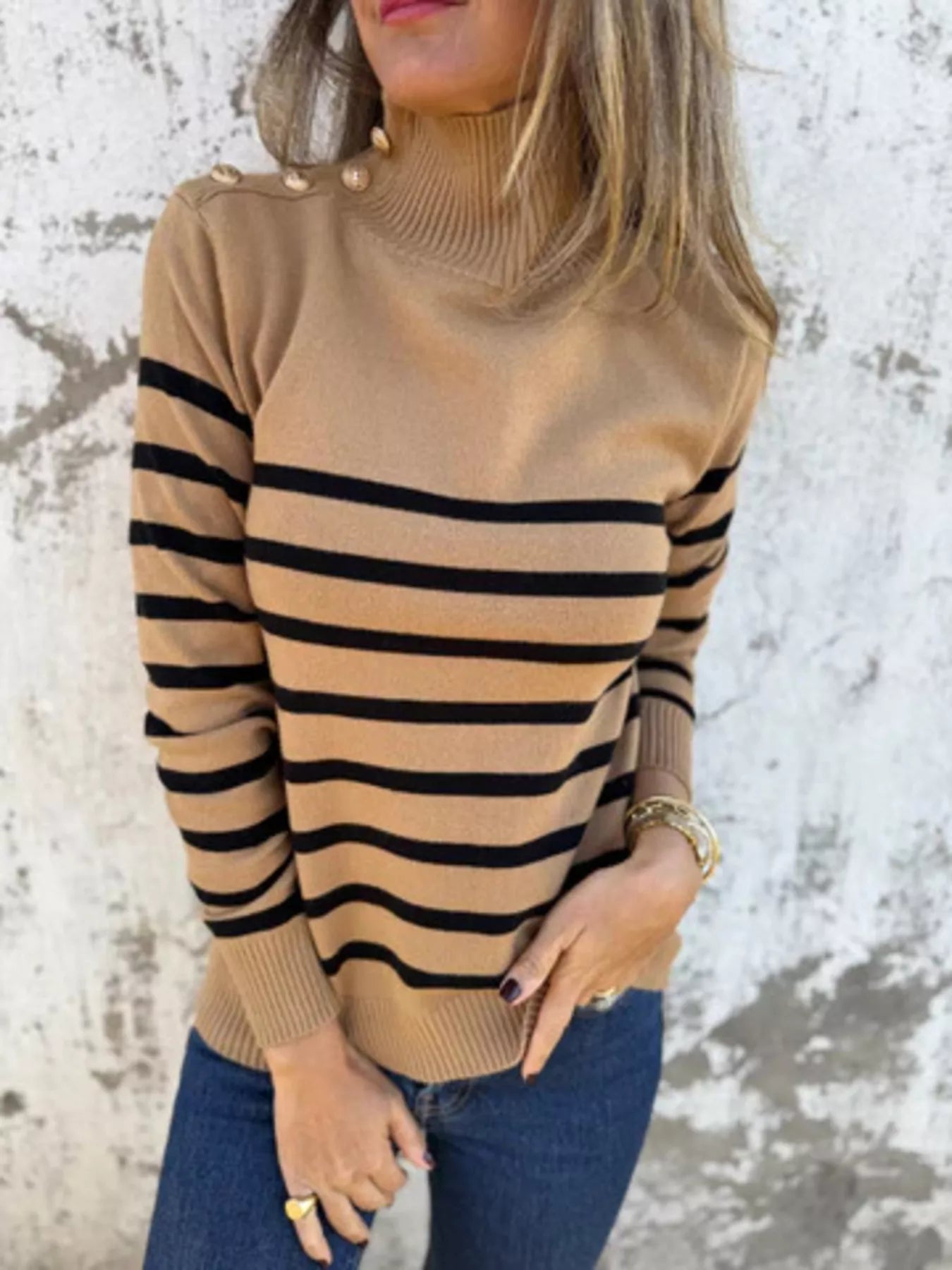Full Size Striped Turtleneck Long Sleeve Sweater Plus Size Trendsi