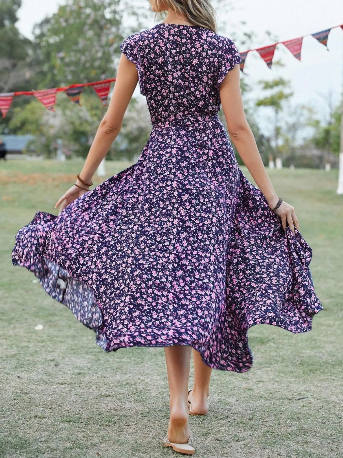 Printed Surplice Ruffle Sleeve Dress NicholesGifts