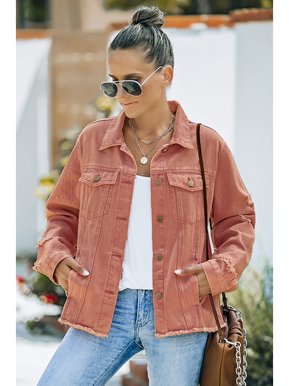 Distressed Raw Hem Denim Jacket