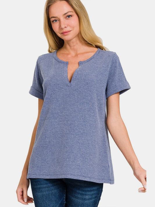 Women Zenana Notched Short Sleeve Waffle T-Shirt NicholesGifts