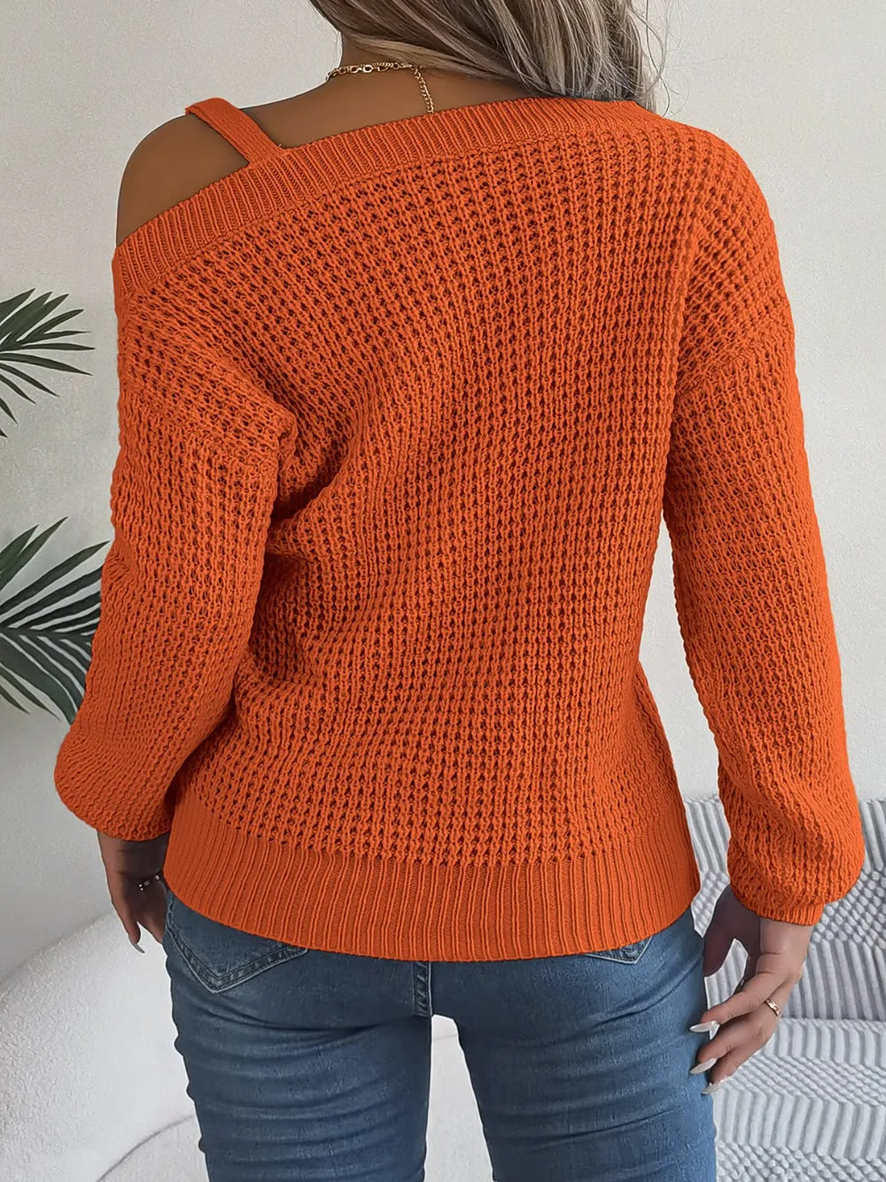 Asymmetrical Neck Long Sleeve Sweater Trendsi