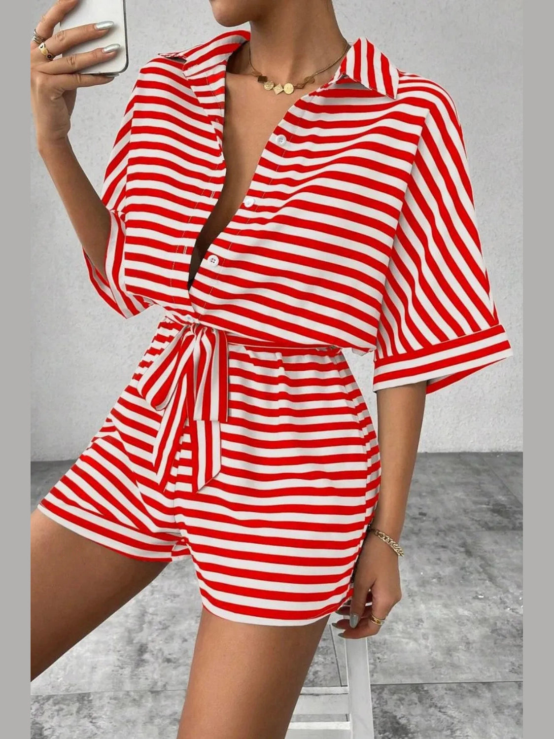 Striped Collared Neck Tie Waist Romper nicholesgifts