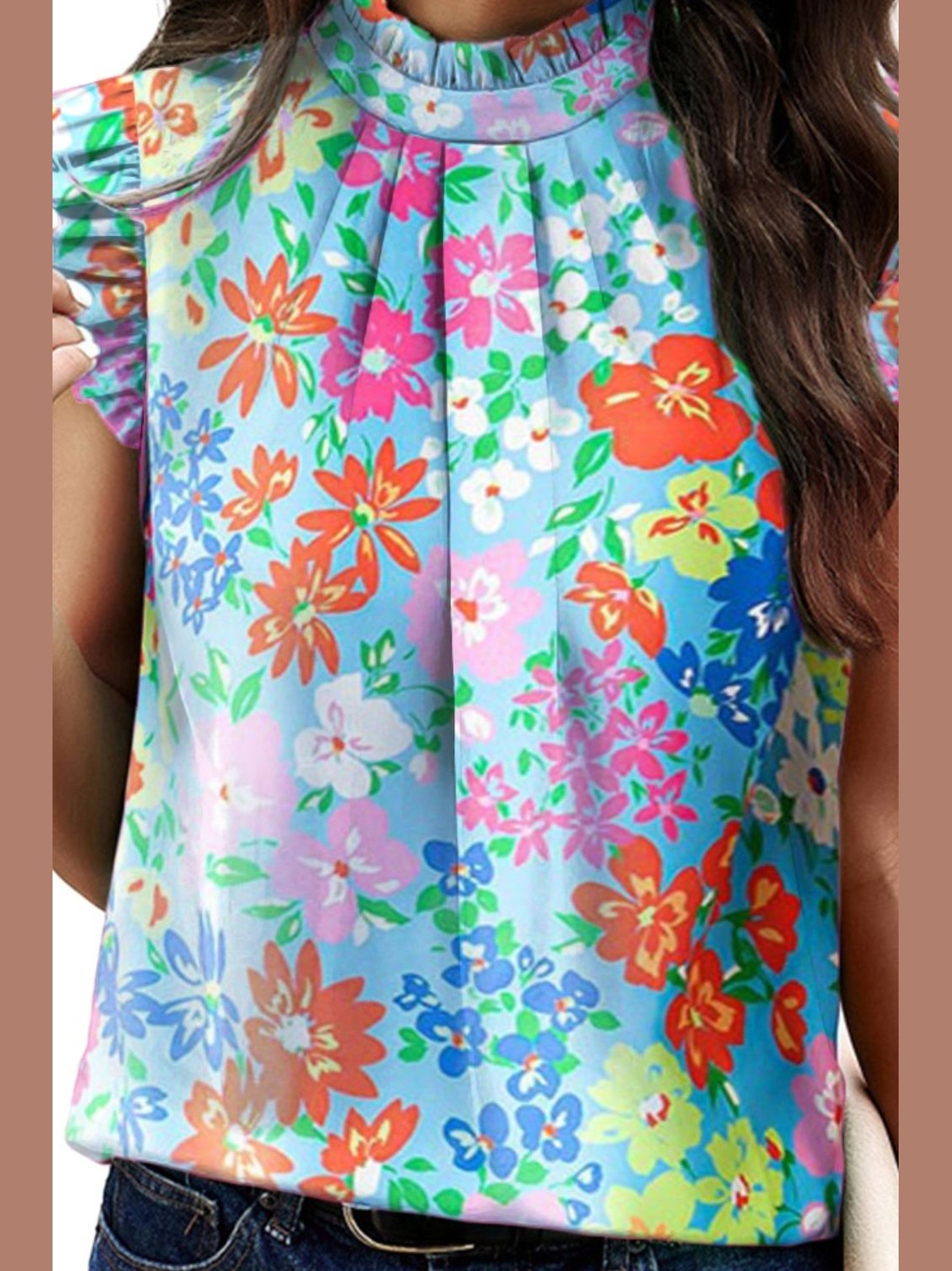 Women Ruffled Printed Mock Neck Cap Sleeve Blouse