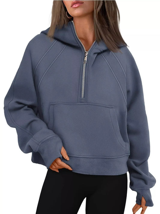 Half Zip Raglan Sleeve Hoodie Trendsi