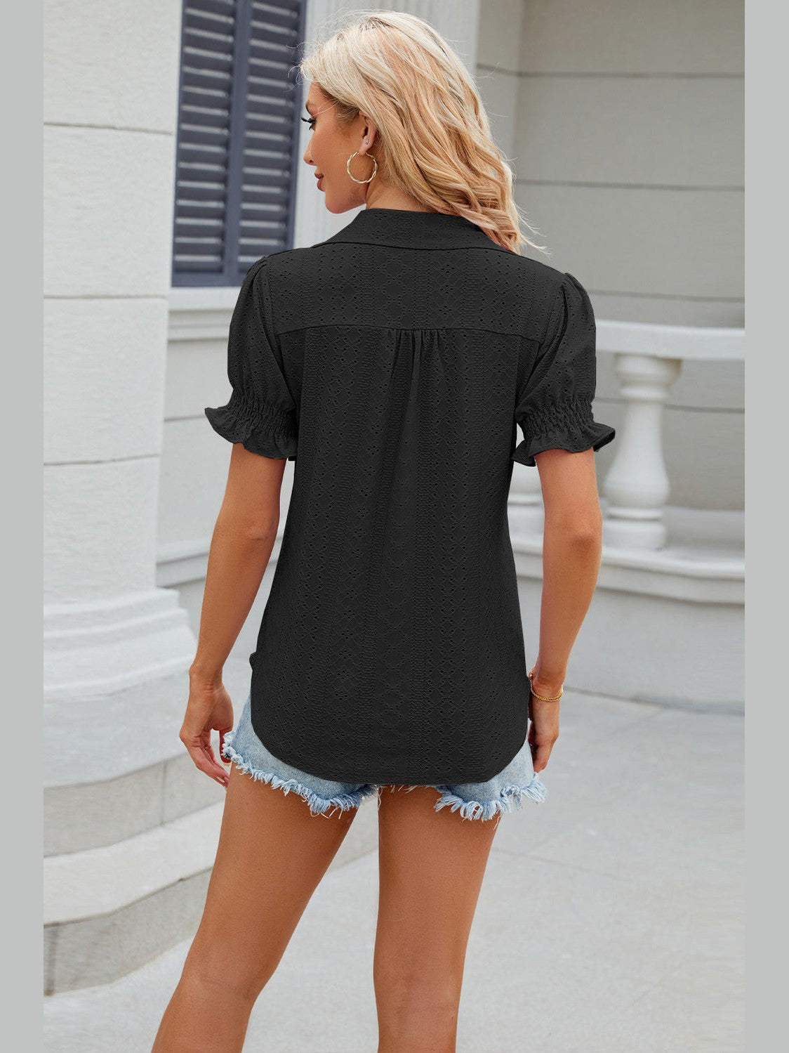 Eyelet Johnny Collar Short Sleeve Blouse NicholesGifts