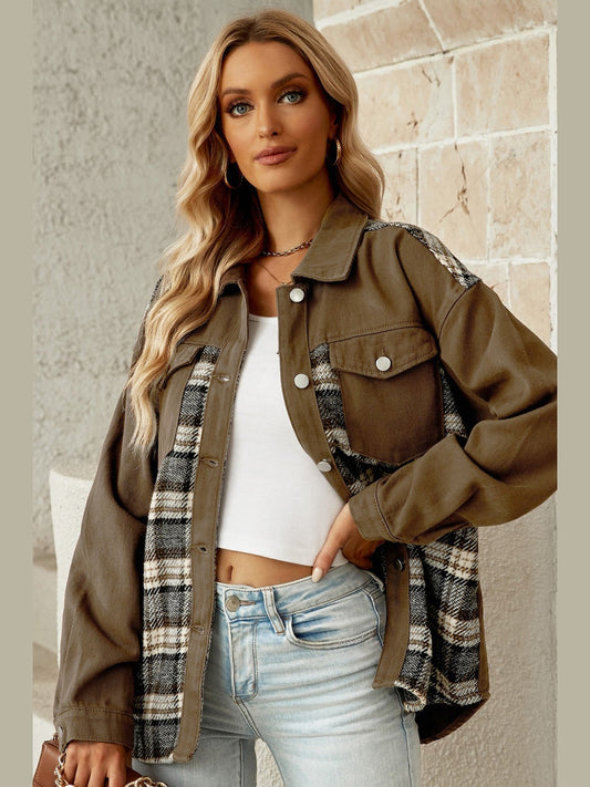 Plaid Collared Denim Jacket nicholesgifts