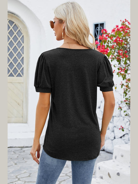 Women Frill Notched Short Sleeve Blouse nicholesgifts