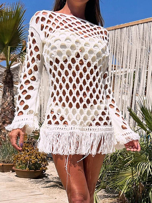 Women Fringe Cutout Long Sleeve Cover Up