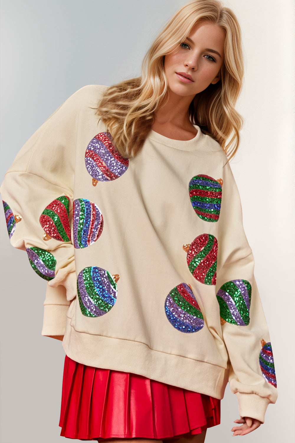 Double Take Christmas Element Sequin Round Neck Long Sleeve Sweatshirt NicholesGifts