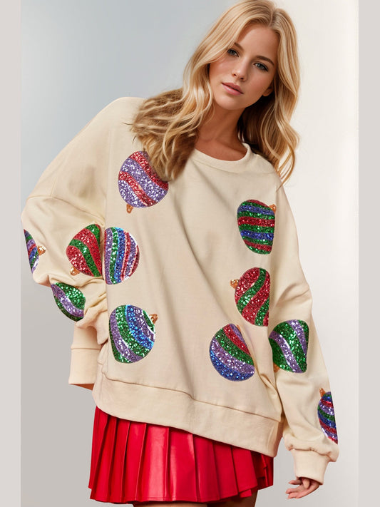 Double Take Christmas Element Sequin Round Neck Long Sleeve Sweatshirt NicholesGifts