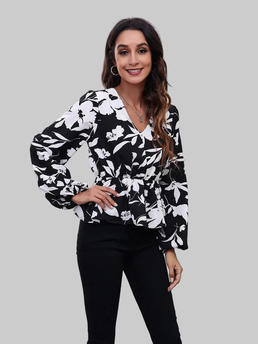 Floral V-Neck Balloon Sleeve Peplum Blouse nicholesgifts