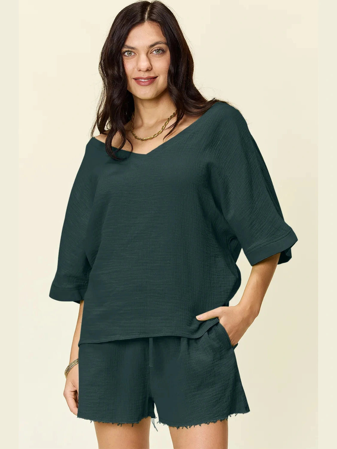 Double Take Texture Half Sleeve T-Shirt and Drawstring Shorts Set NicholesGifts