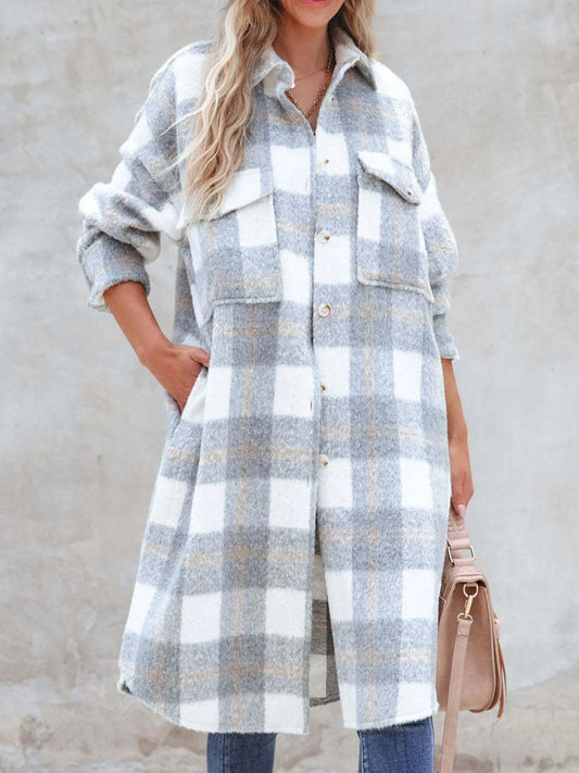 Oversized Plaid Button Up Longline Jacket Trendsi