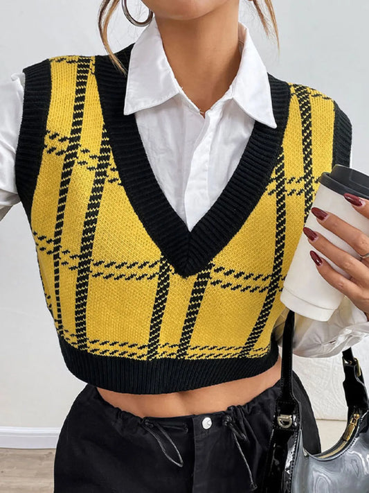 Plaid V-Neck Cropped Sweater Vest Trendsi