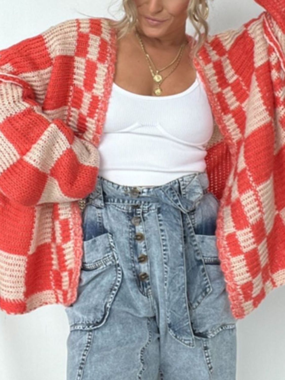 Women Plaid Open Front Long Sleeve Cardigan