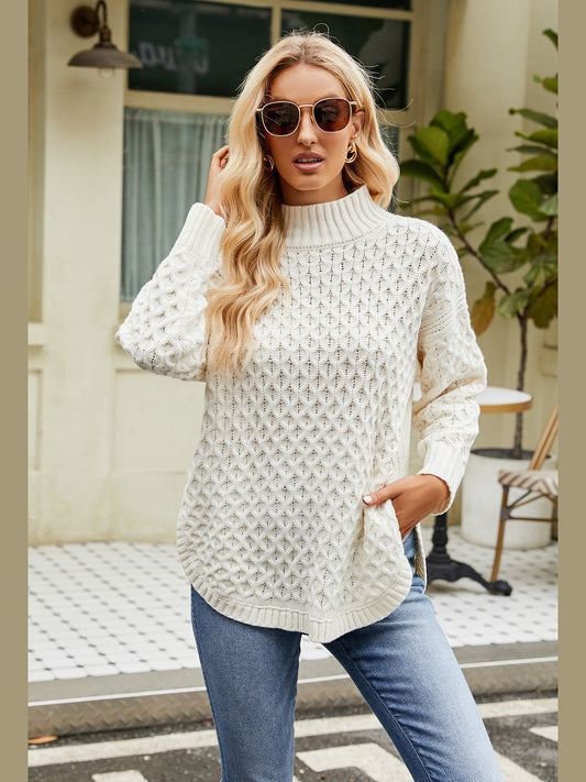 Slit Long Sleeve Mock Neck Sweater Trendsi