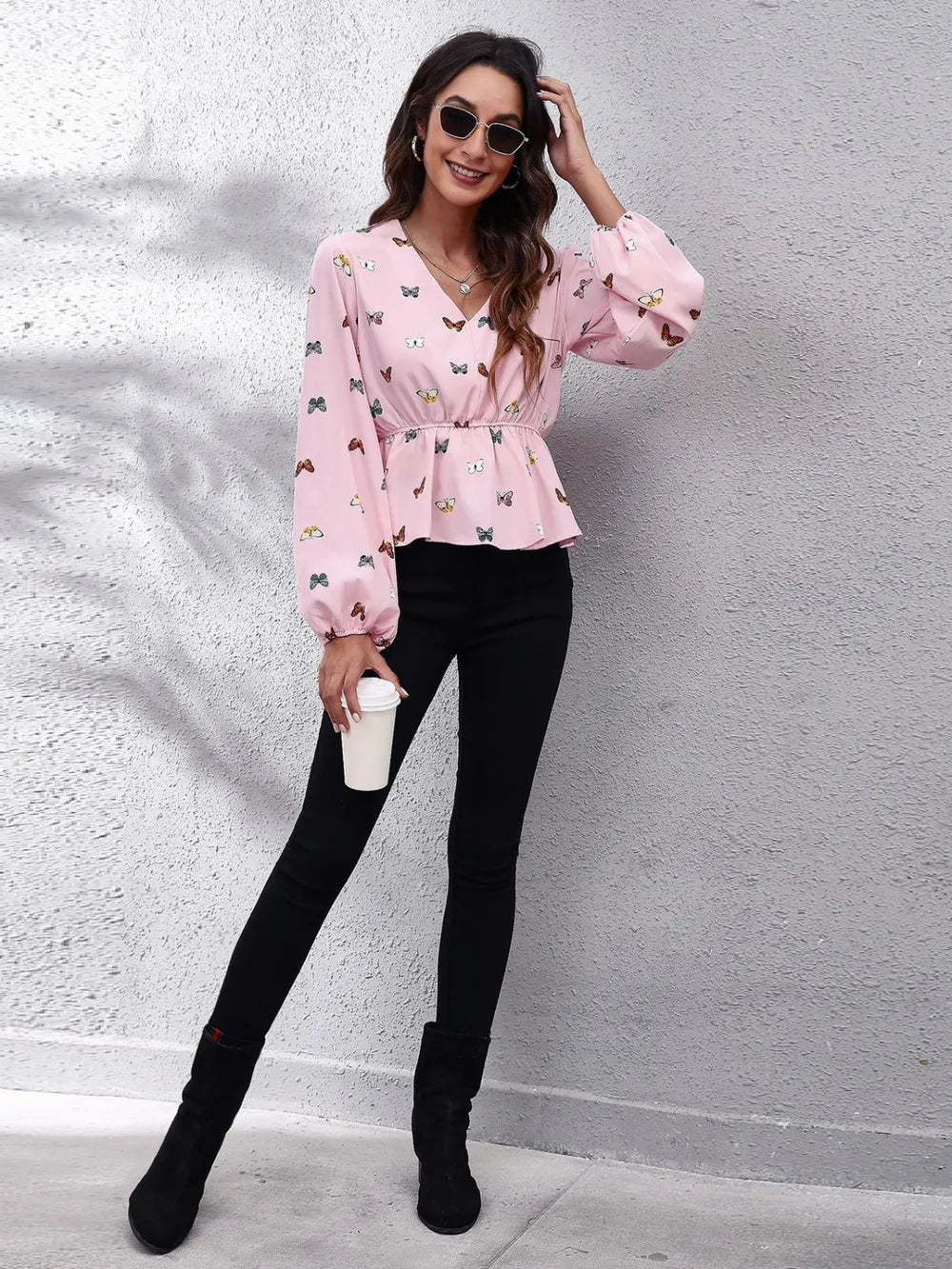 Butterfly V-Neck Balloon Sleeve Peplum Blouse nicholesgifts