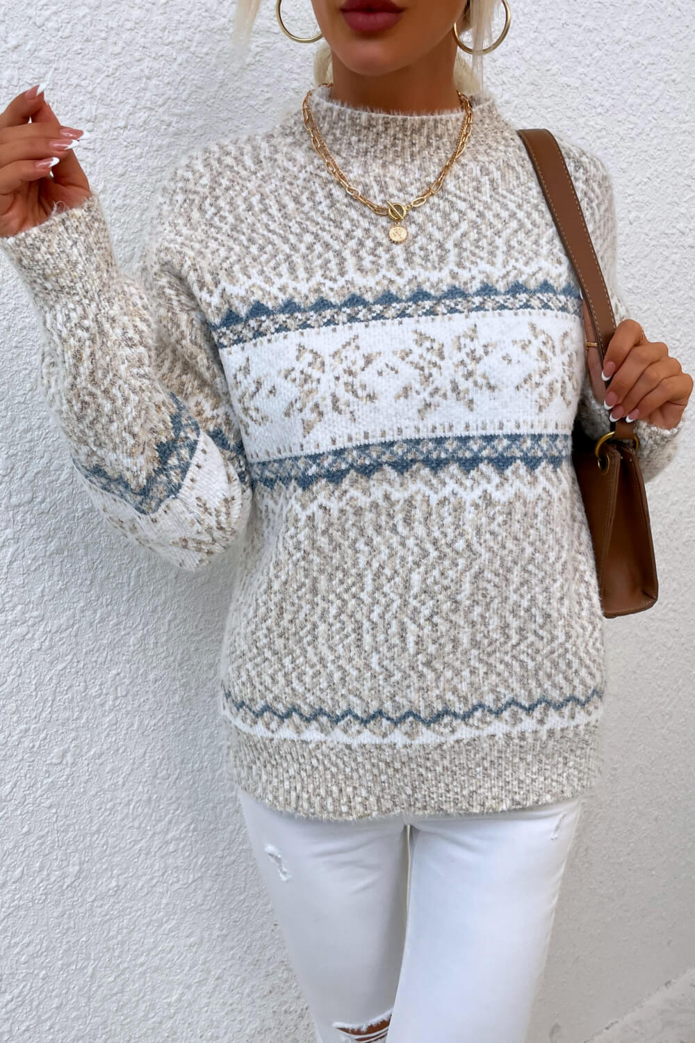 NicholesGifts Women Snowflake Pattern Mock Neck Sweater NicholesGifts