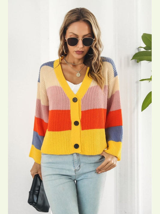 Women Color Block Button-Down Dropped Shoulder Cardigan