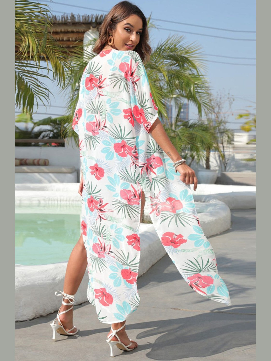 Floral Slit Half Sleeve Cover-Up