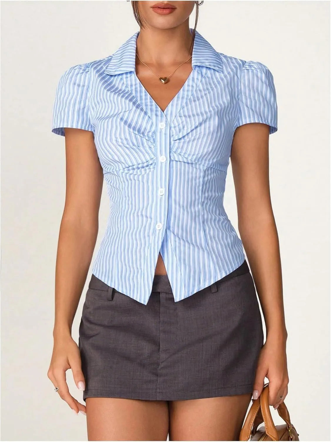 Striped Collared Neck Short Sleeve Shirt
