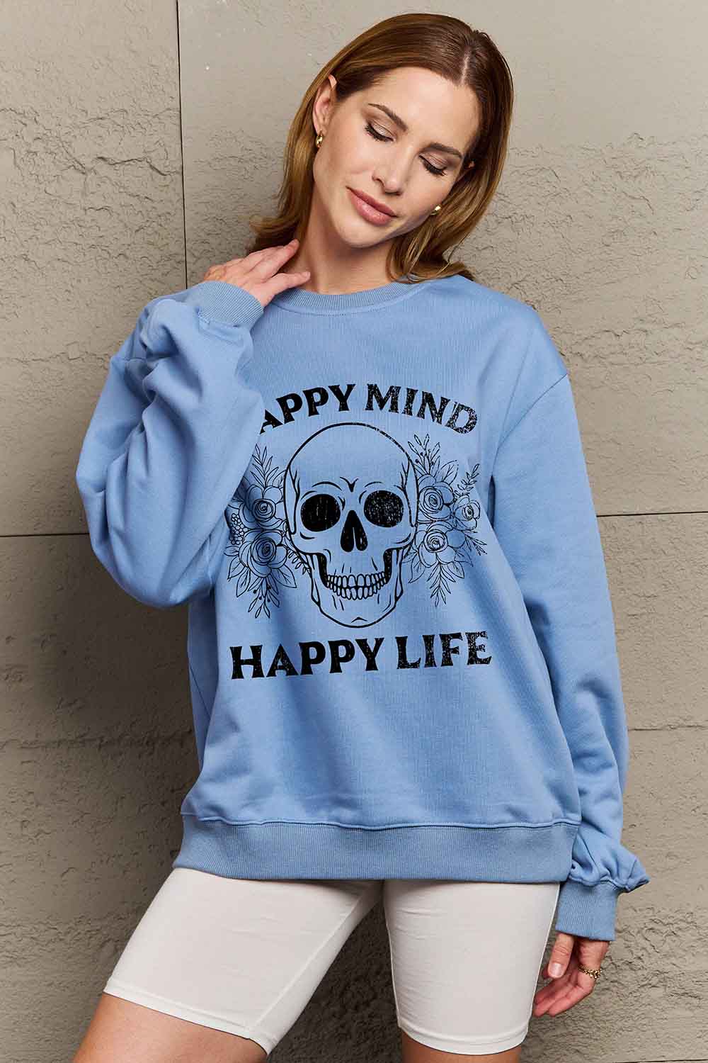 Simply Love Simply Love Full Size HAPPY MIND HAPPY LIFE SKULL Graphic Sweatshirt NicholesGifts